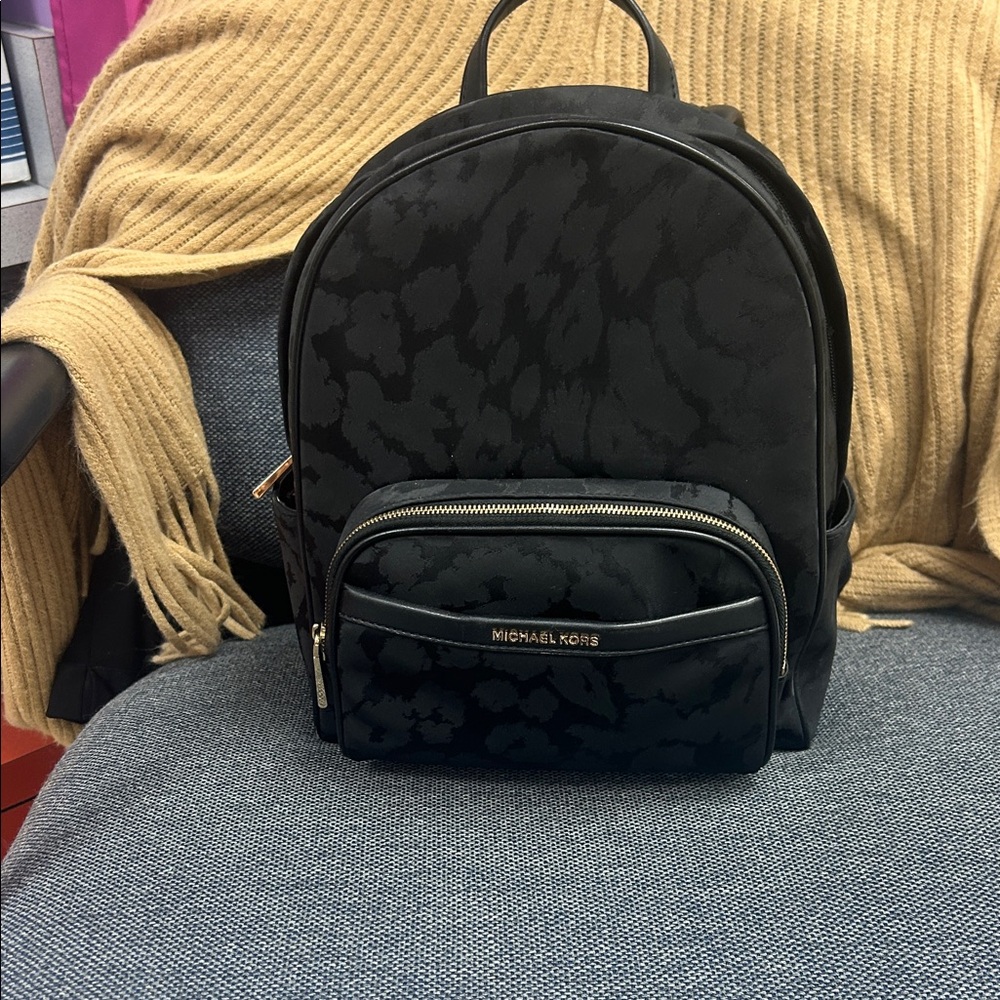 Michael Kors Black Camouflage-Print Backpack with Gold Hardware